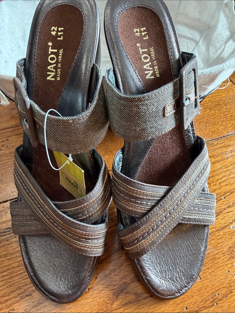 Naot Brown Leather & Fabric Buckle Wedge Sandals new. Never worn.